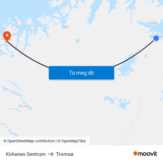 Kirkenes Sentrum to Tromsø map