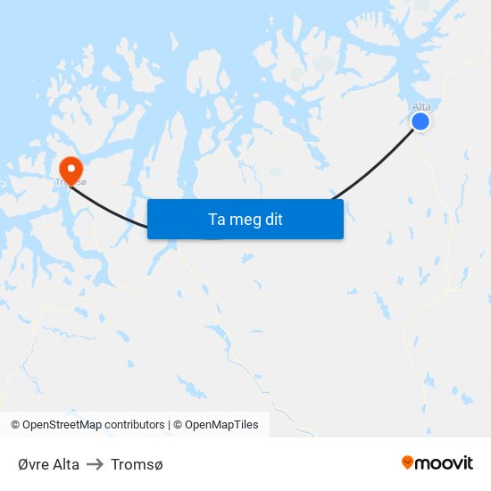 Øvre Alta to Tromsø map