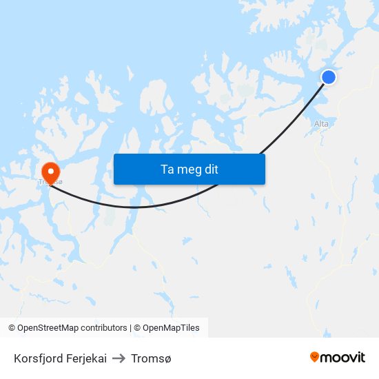 Korsfjord Ferjekai to Tromsø map