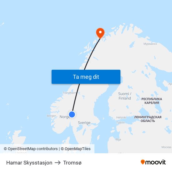 Hamar Skysstasjon to Tromsø map