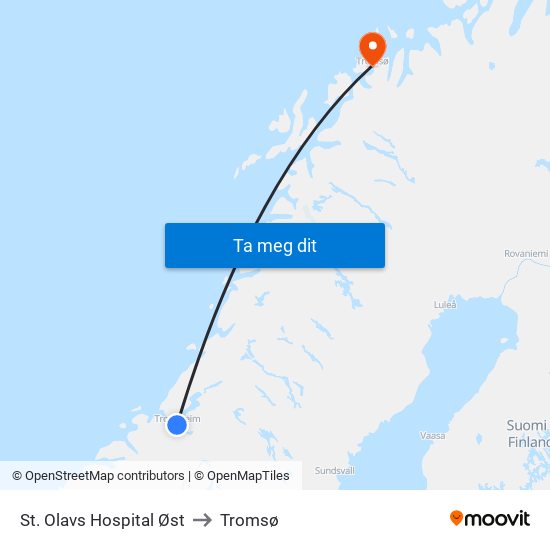 St. Olavs Hospital Øst to Tromsø map
