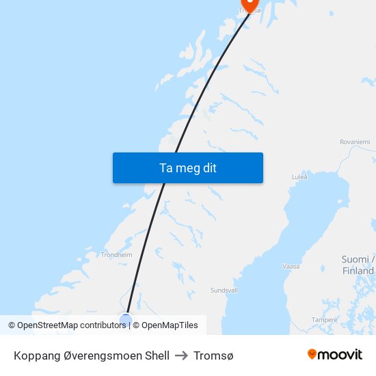 Koppang Øverengsmoen Shell to Tromsø map