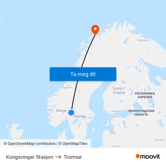 Kongsvinger Stasjon to Tromsø map