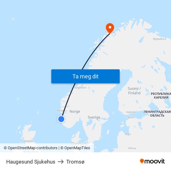 Haugesund Sjukehus to Tromsø map