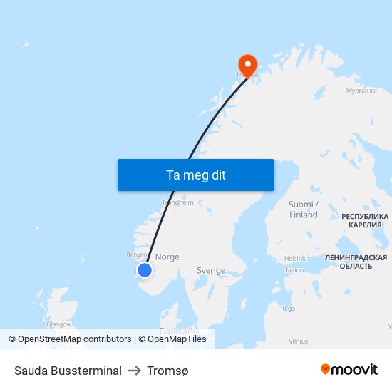 Sauda Bussterminal to Tromsø map