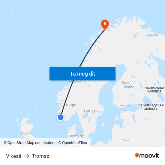 Vikeså to Tromsø map