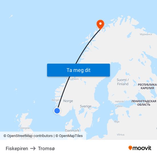 Fiskepiren to Tromsø map