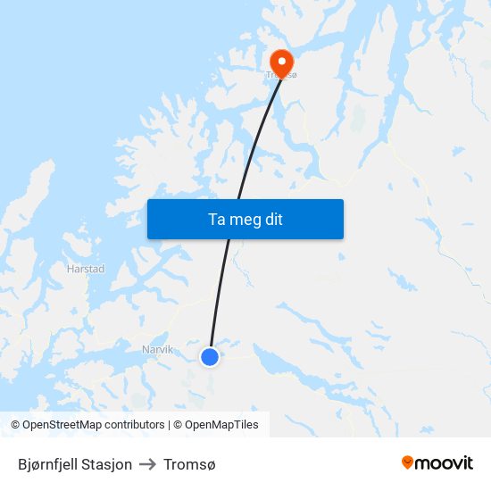 Bjørnfjell Stasjon to Tromsø map