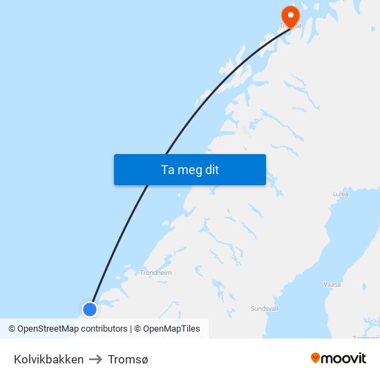 Kolvikbakken to Tromsø map