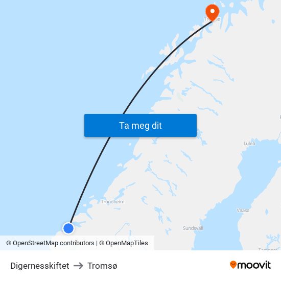 Digernesskiftet to Tromsø map