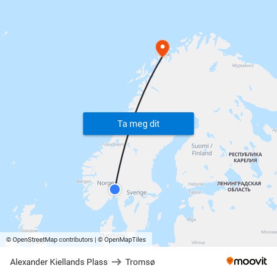 Alexander Kiellands Plass to Tromsø map