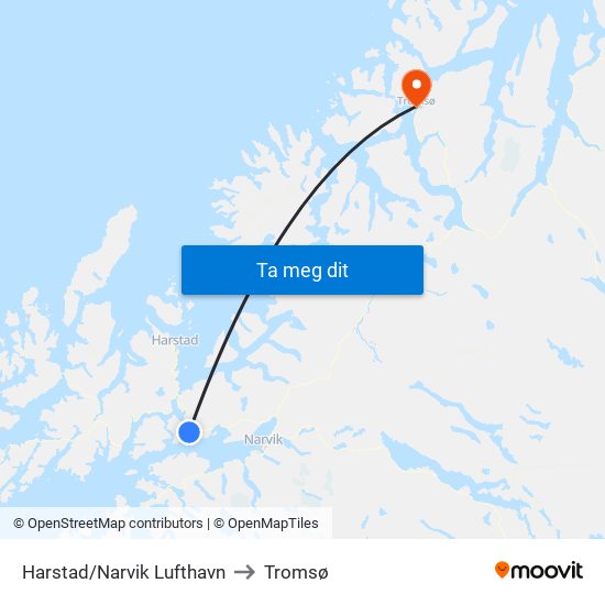 Harstad/Narvik Lufthavn to Tromsø map