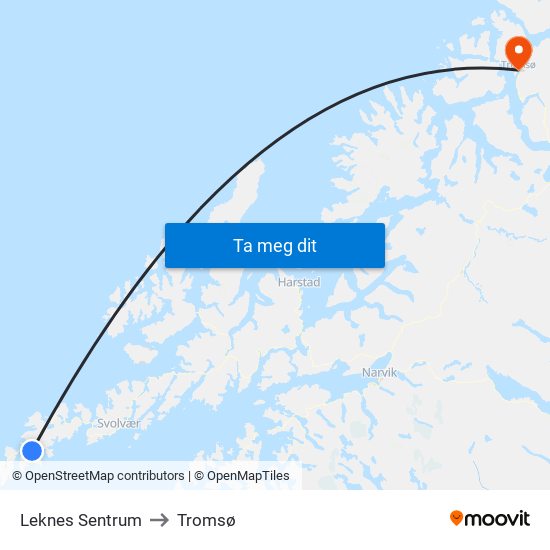 Leknes Sentrum to Tromsø map