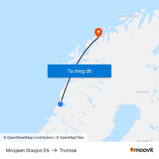 Mosjøen Stasjon E6 to Tromsø map