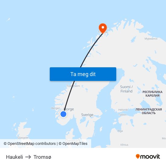 Haukeli to Tromsø map