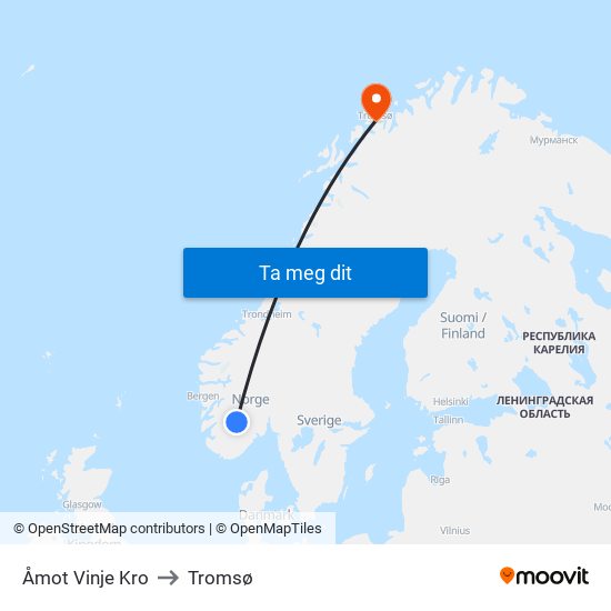 Åmot Vinje Kro to Tromsø map