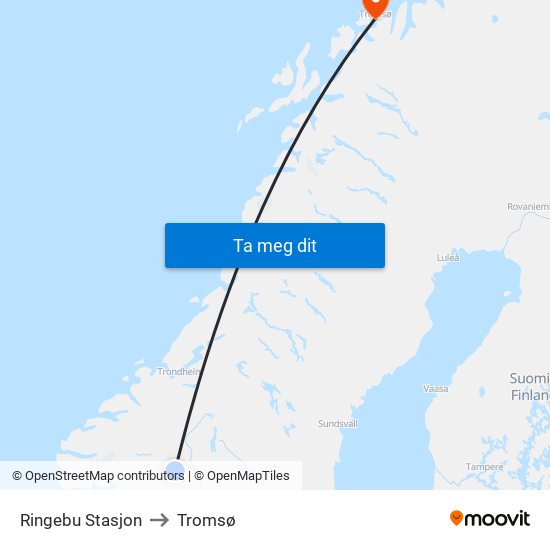 Ringebu Stasjon to Tromsø map