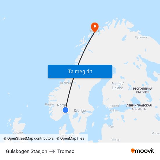 Gulskogen Stasjon to Tromsø map