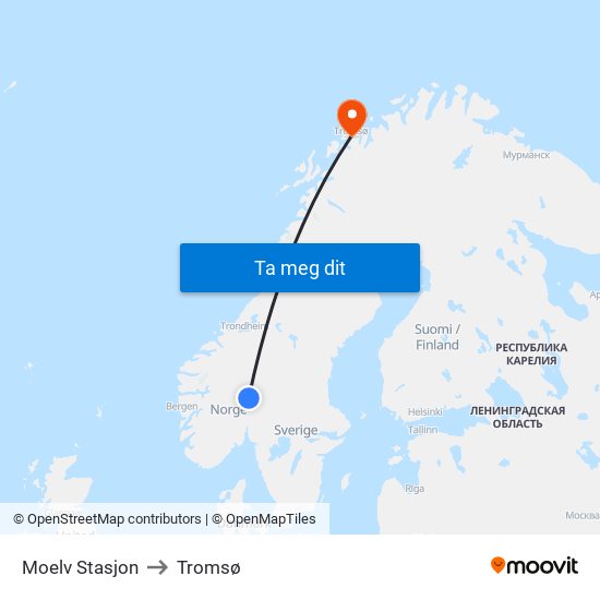 Moelv Stasjon to Tromsø map