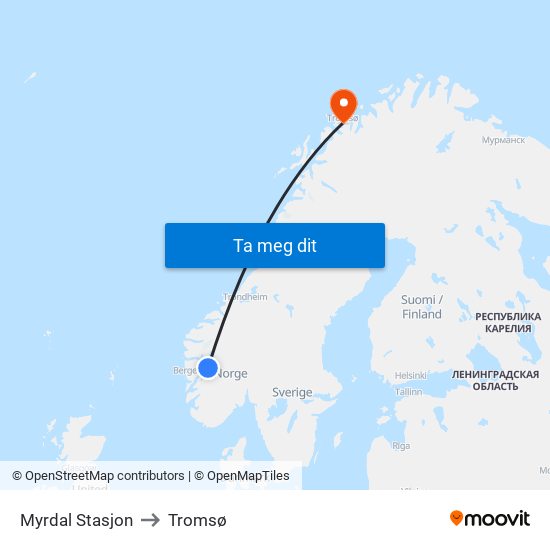 Myrdal Stasjon to Tromsø map