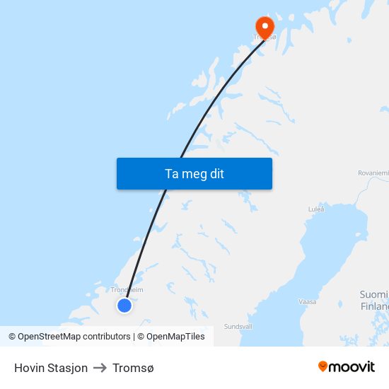 Hovin Stasjon to Tromsø map