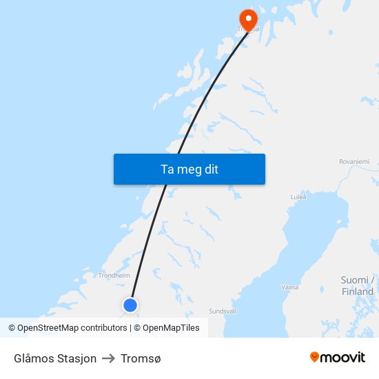 Glåmos Stasjon to Tromsø map