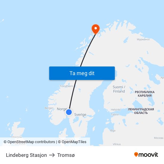 Lindeberg Stasjon to Tromsø map