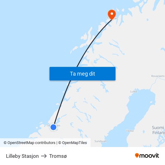 Lilleby Stasjon to Tromsø map
