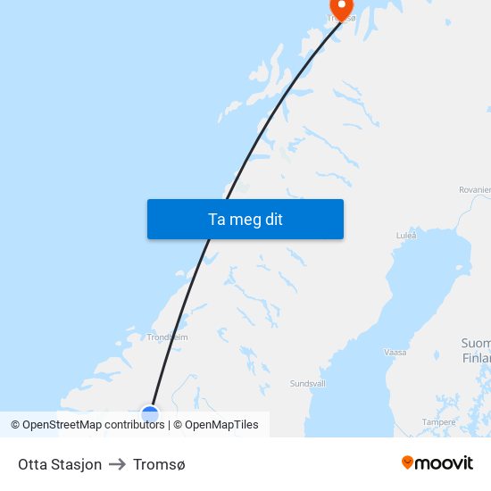 Otta Stasjon to Tromsø map