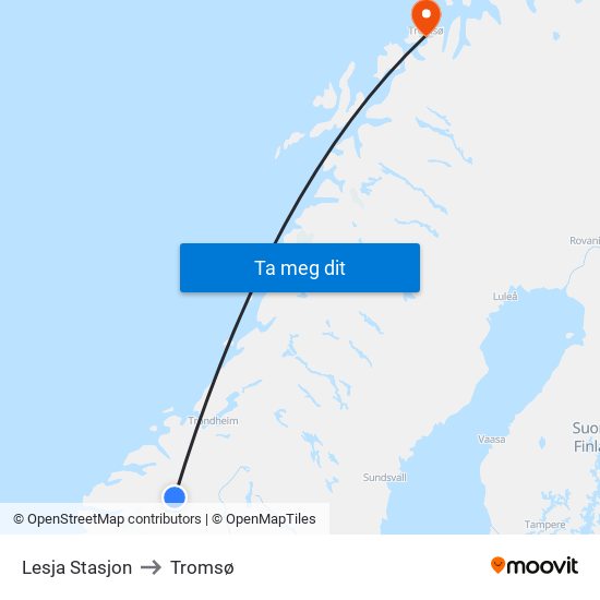 Lesja Stasjon to Tromsø map