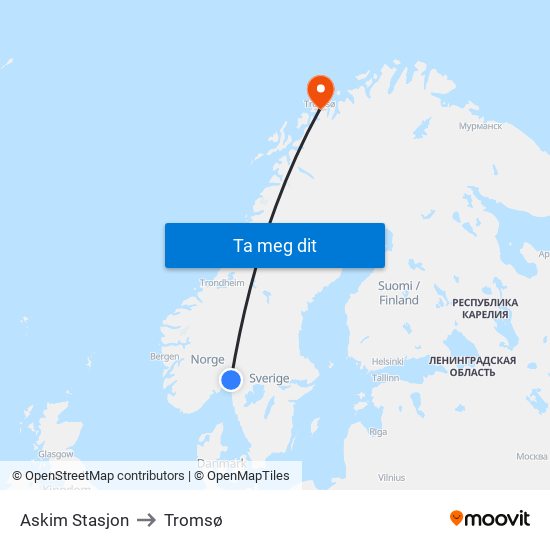 Askim Stasjon to Tromsø map