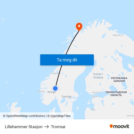 Lillehammer Stasjon to Tromsø map