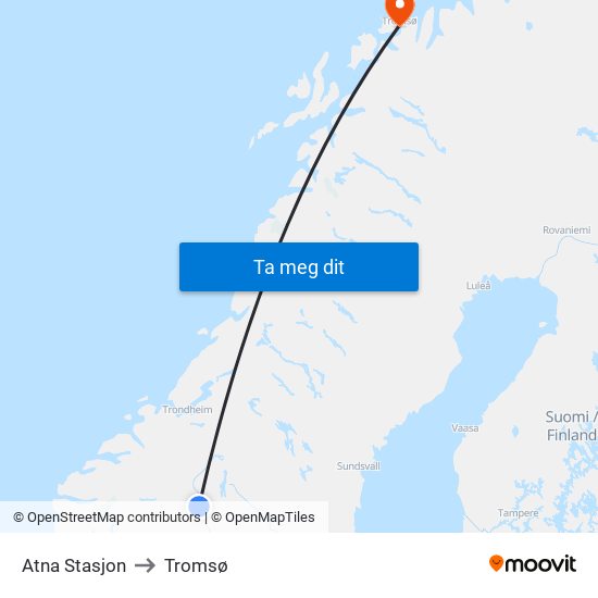 Atna Stasjon to Tromsø map