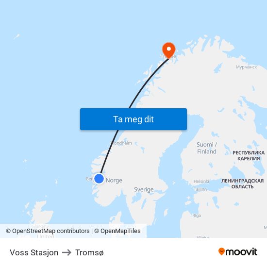 Voss Stasjon to Tromsø map