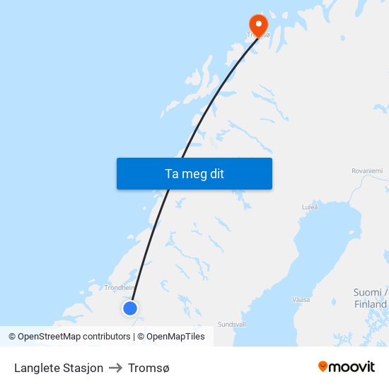 Langlete Stasjon to Tromsø map