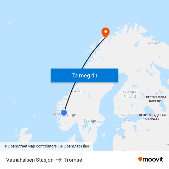 Vatnahalsen Stasjon to Tromsø map