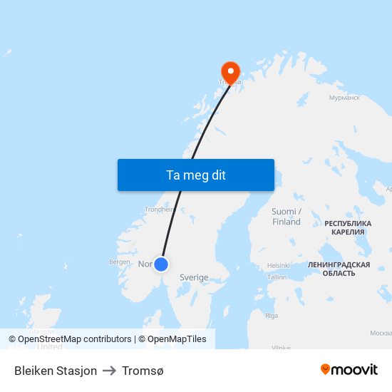 Bleiken Stasjon to Tromsø map