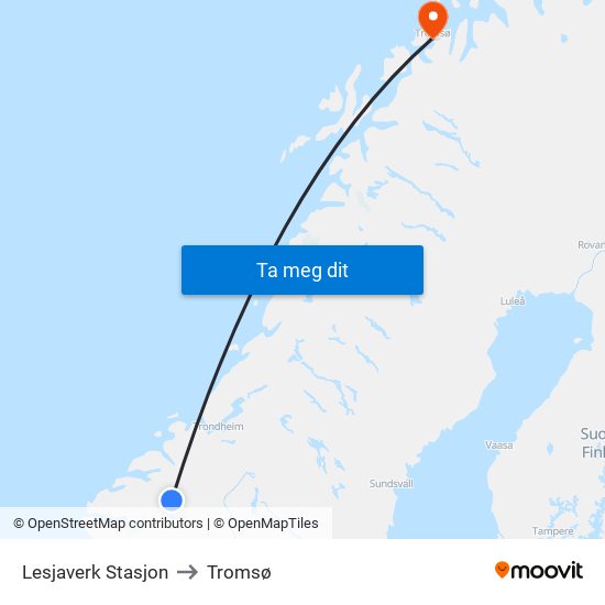 Lesjaverk Stasjon to Tromsø map