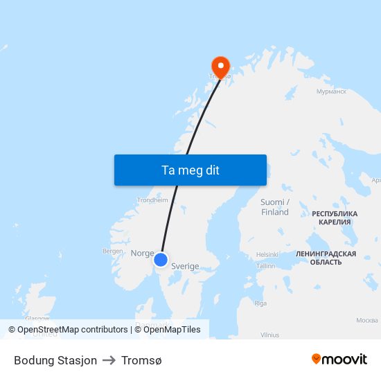 Bodung Stasjon to Tromsø map