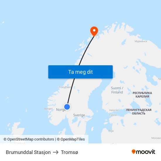 Brumunddal Stasjon to Tromsø map