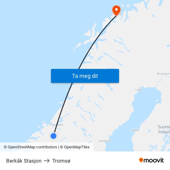 Berkåk Stasjon to Tromsø map