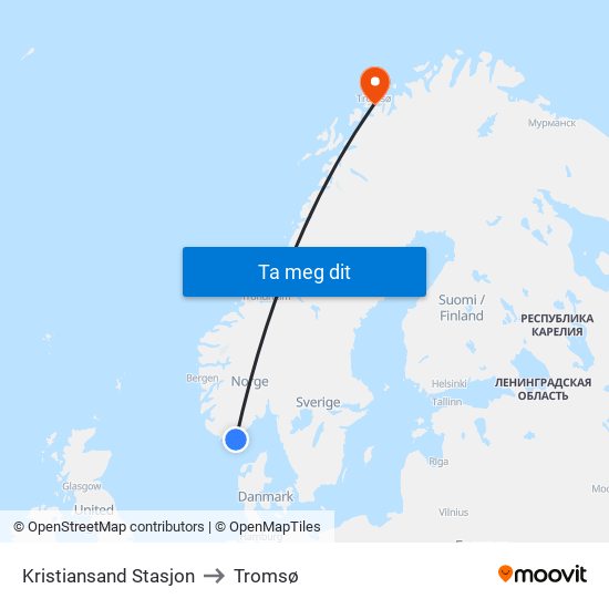 Kristiansand Stasjon to Tromsø map