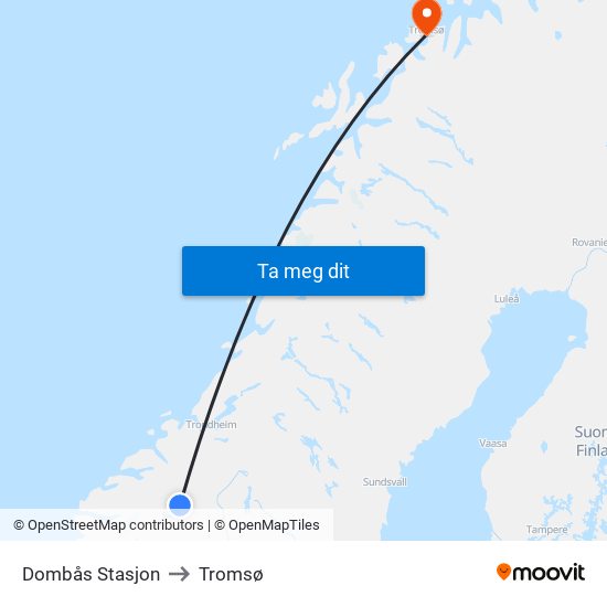 Dombås Stasjon to Tromsø map
