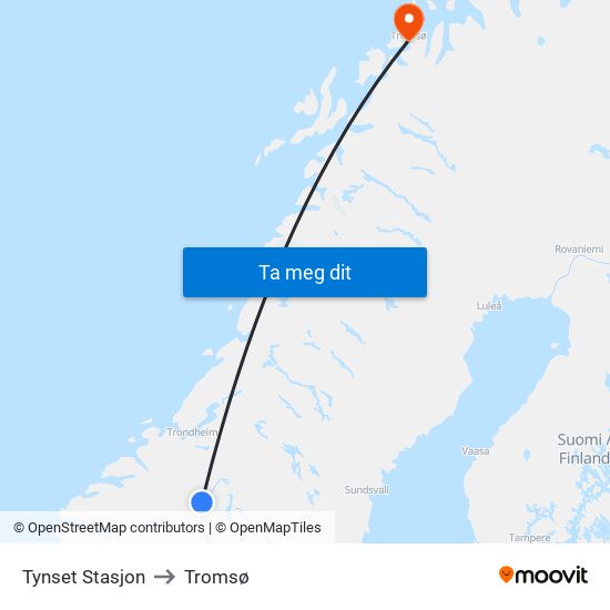Tynset Stasjon to Tromsø map