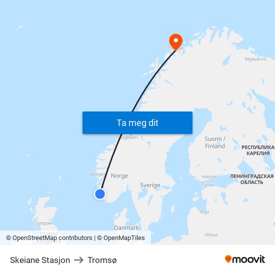 Skeiane Stasjon to Tromsø map