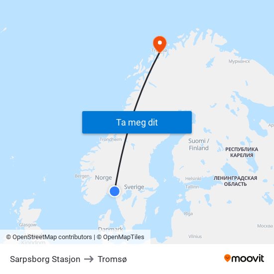 Sarpsborg Stasjon to Tromsø map