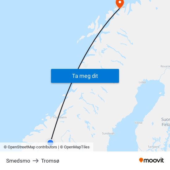 Smedsmo to Tromsø map