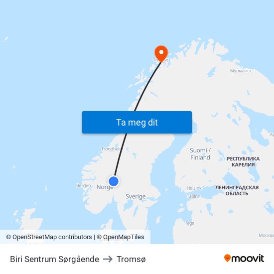 Biri Sentrum Sørgående to Tromsø map