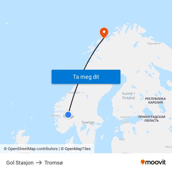 Gol Stasjon to Tromsø map