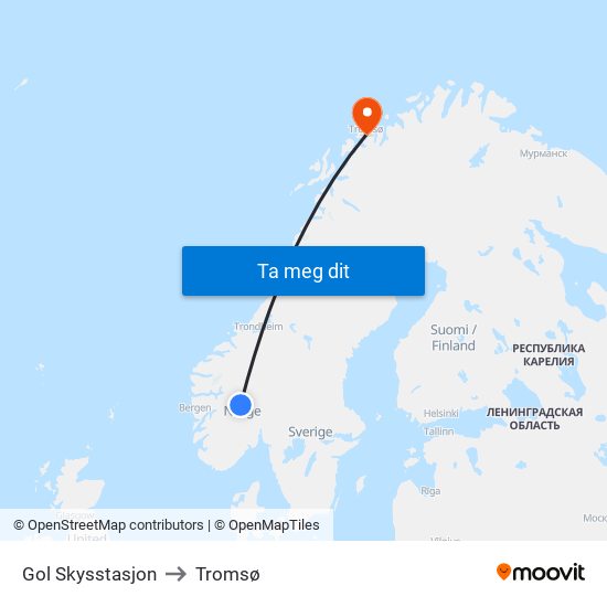 Gol Skysstasjon to Tromsø map